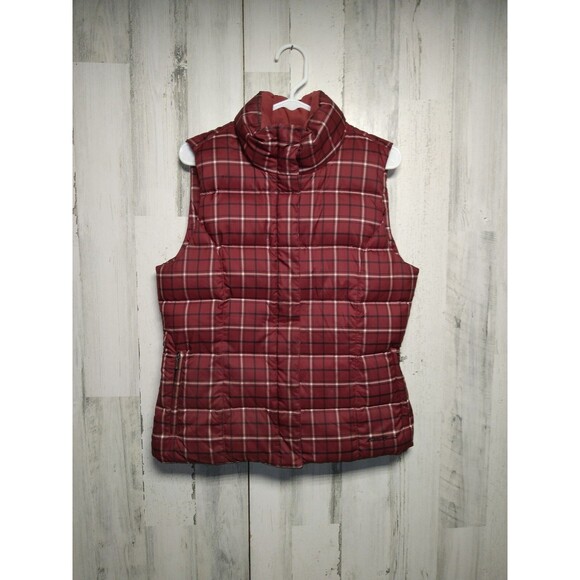 EDDIE  BAUER M MULTI RED PLAID PREM. GOOSE DOWN/ FULL ZIP PUFFER VEST  Pre-Owned - Picture 1 of 8
